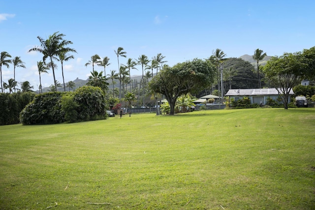 view of property's community with a lawn and a mountain view