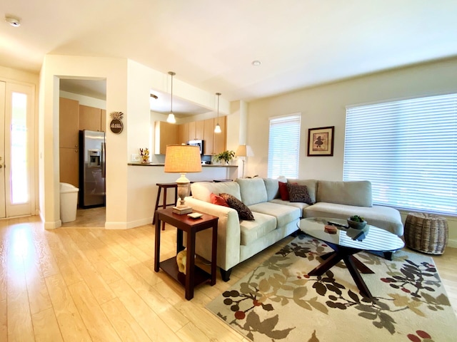 living room featuring a wealth of natural light and light hardwood / wood-style flooring