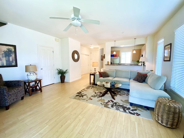 living room with ceiling fan and light hardwood / wood-style flooring