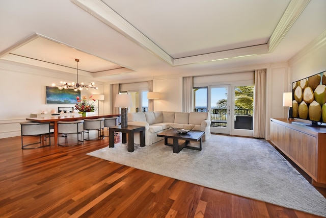 1 Ritz Carlton Dr Unit 1626, Lahaina, HI 96761 - living room featuring a tray ceiling, crown molding, a chandelier, and wood finished floors