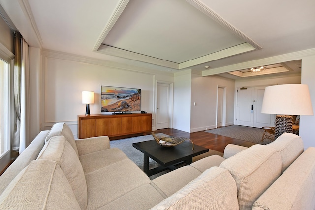 1 Ritz Carlton Dr Unit 1626, Lahaina, HI 96761 - living room with a tray ceiling, crown molding, and dark wood-type flooring