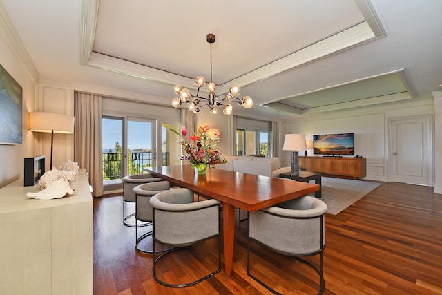 1 Ritz Carlton Dr Unit 1626, Lahaina, HI 96761 - dining space featuring a raised ceiling, ornamental molding, dark wood-style floors, and a chandelier