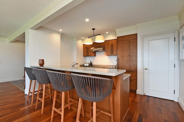 1 Ritz Carlton Dr Unit 1626, Lahaina, HI 96761 - kitchen featuring brown cabinets, exhaust hood, ornamental molding, recessed lighting, and dark wood-style flooring