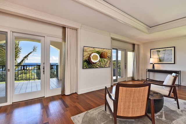 1 Ritz Carlton Dr Unit 1626, Lahaina, HI 96761 - living area with french doors, crown molding, wood finished floors, and a raised ceiling