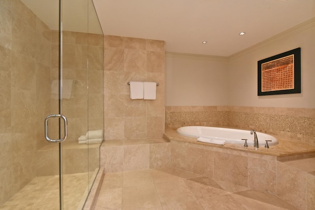 1 Ritz Carlton Dr Unit 1626, Lahaina, HI 96761 - full bathroom featuring a garden tub, a shower stall, ornamental molding, and tile patterned flooring
