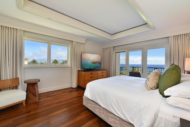 1 Ritz Carlton Dr Unit 1626, Lahaina, HI 96761 - bedroom with access to outside, a raised ceiling, dark wood-style floors, and ornamental molding
