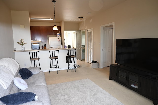 living area with light colored carpet