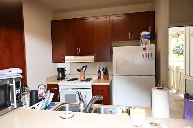 kitchen featuring a sink, under cabinet range hood, white appliances, tasteful backsplash, and light countertops