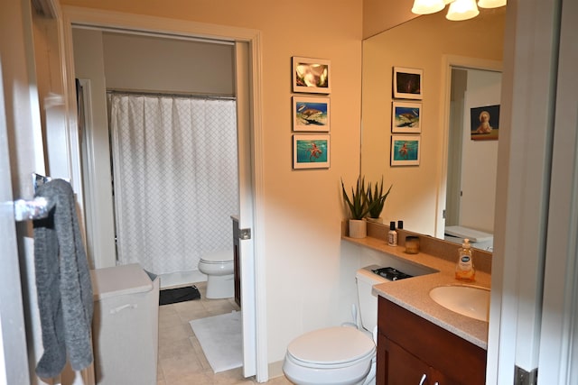 bathroom with tile patterned floors, vanity, toilet, and a shower with shower curtain
