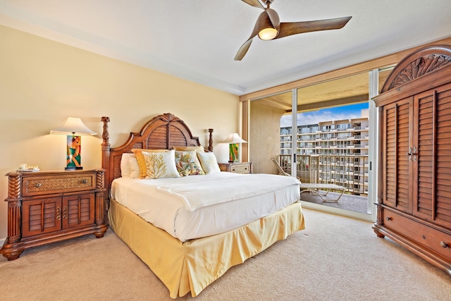 bedroom with light carpet, ceiling fan, and access to exterior