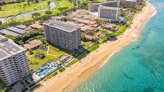 aerial view with a view of the beach and a water view