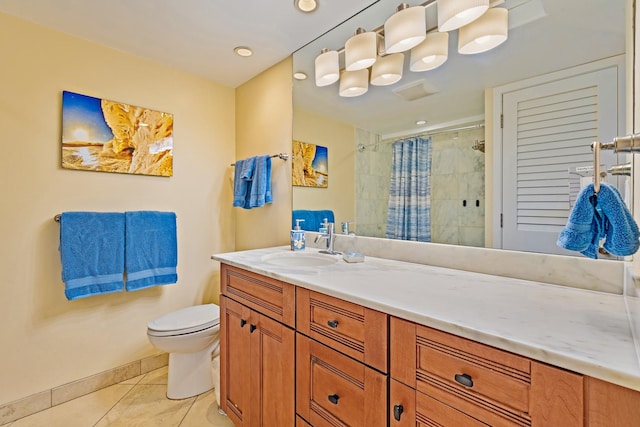 bathroom with curtained shower, tile patterned flooring, vanity, and toilet