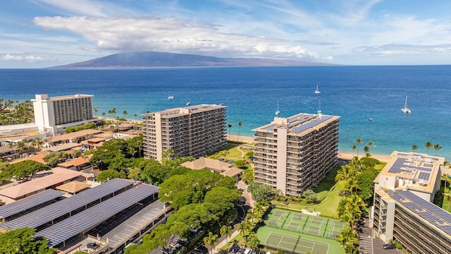 aerial view featuring a water and mountain view