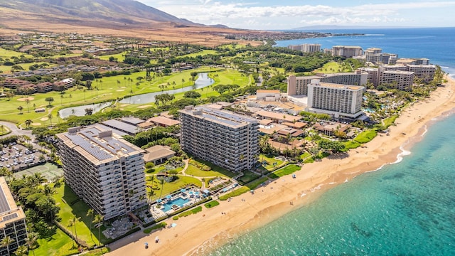 drone / aerial view with a view of the beach and a water view