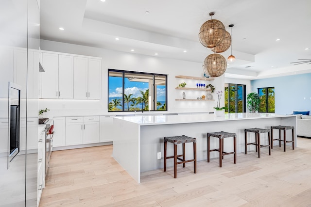 kitchen featuring white cabinets, a large island, pendant lighting, and a raised ceiling