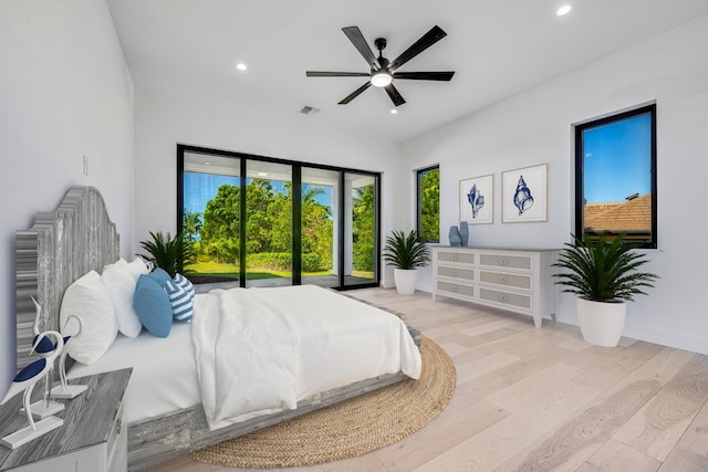 bedroom featuring ceiling fan, access to exterior, and light wood-type flooring