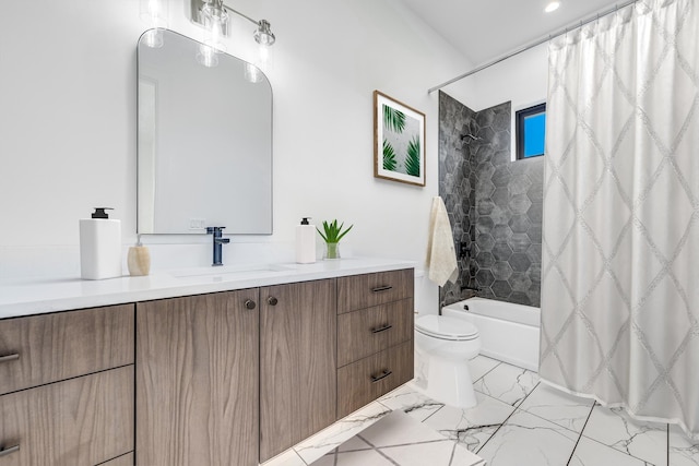 full bathroom featuring vanity, toilet, and shower / bathtub combination with curtain