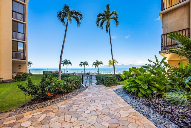 exterior space with a water view