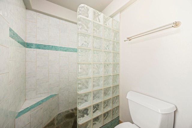 bathroom with a tile shower and toilet