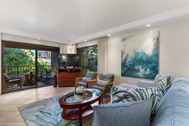 tiled living room featuring a wealth of natural light