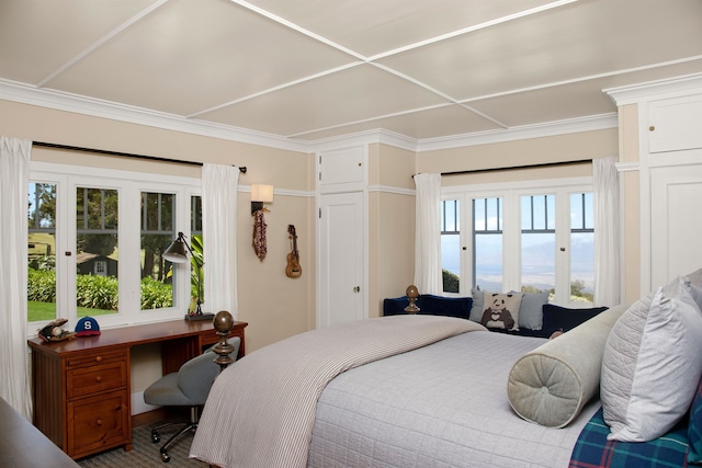 carpeted bedroom featuring multiple windows and crown molding