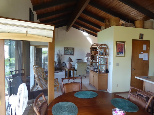 dining room with vaulted ceiling with beams and wood ceiling