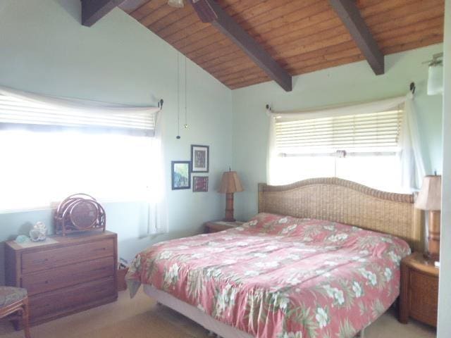 bedroom with wood ceiling, lofted ceiling with beams, and ceiling fan