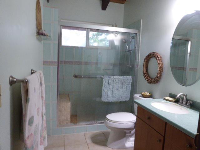 bathroom with vanity, a shower with shower door, tile patterned floors, and toilet