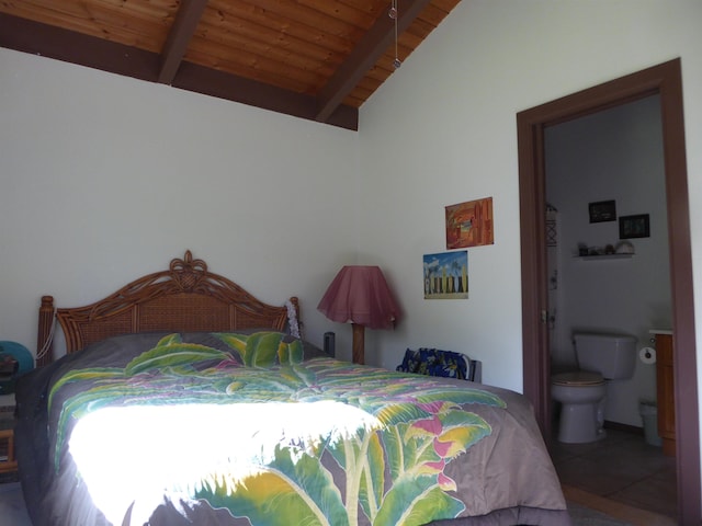 bedroom with wood ceiling, ensuite bath, tile patterned flooring, and vaulted ceiling with beams