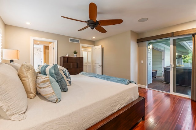 bedroom featuring ceiling fan, access to exterior, and dark hardwood / wood-style floors