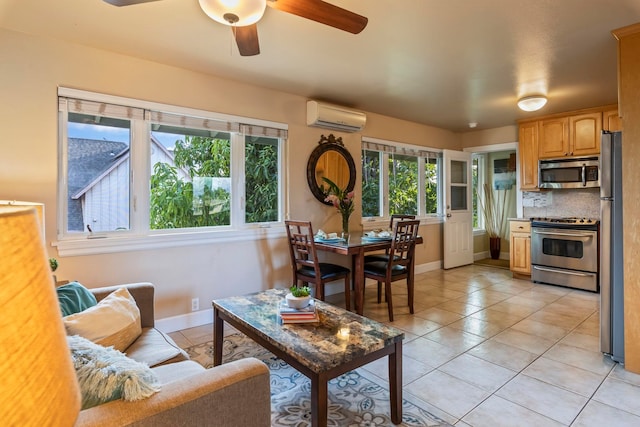 tiled living room with ceiling fan and a wall mounted air conditioner