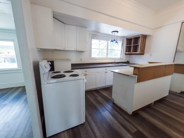 225 S Papa Ave, Kahului, HI 96732 - kitchen featuring white range with electric cooktop, dark wood-type flooring, white cabinets, open shelves, and a sink