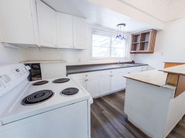 225 S Papa Ave, Kahului, HI 96732 - kitchen with white electric range, a sink, white cabinetry, and dark wood-style flooring