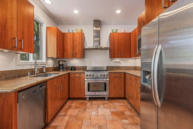 kitchen with light tile patterned flooring, sink, ornamental molding, appliances with stainless steel finishes, and wall chimney exhaust hood