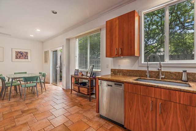 kitchen featuring sink, light tile patterned flooring, dishwasher, and a healthy amount of sunlight