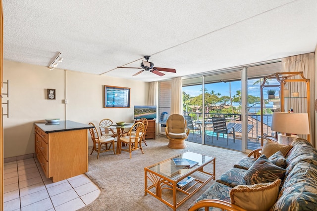 2495 S Kihei Rd Unit 248, Kihei, HI 96753 - living area featuring ceiling fan, a textured ceiling, light tile patterned floors, light carpet, and baseboards