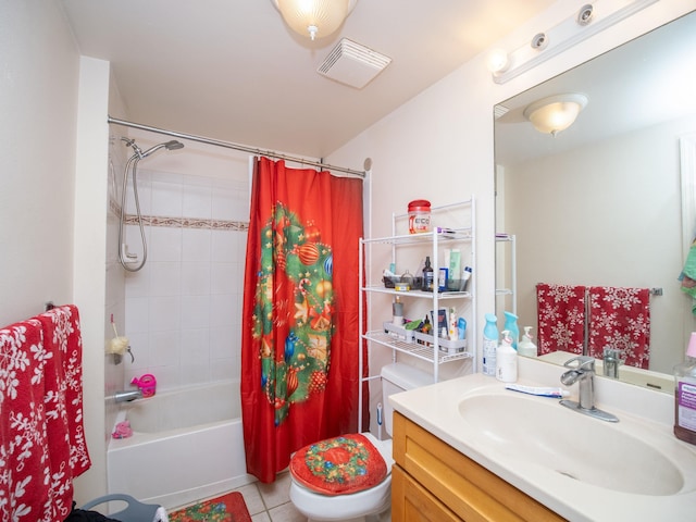 full bathroom with toilet, tile patterned flooring, shower / bathtub combination with curtain, and vanity