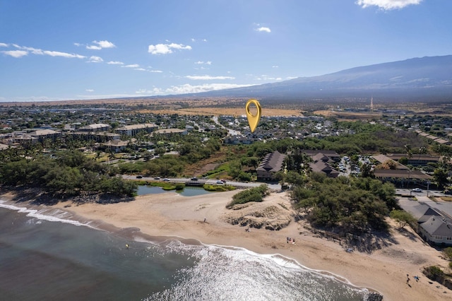 bird's eye view featuring a water and mountain view