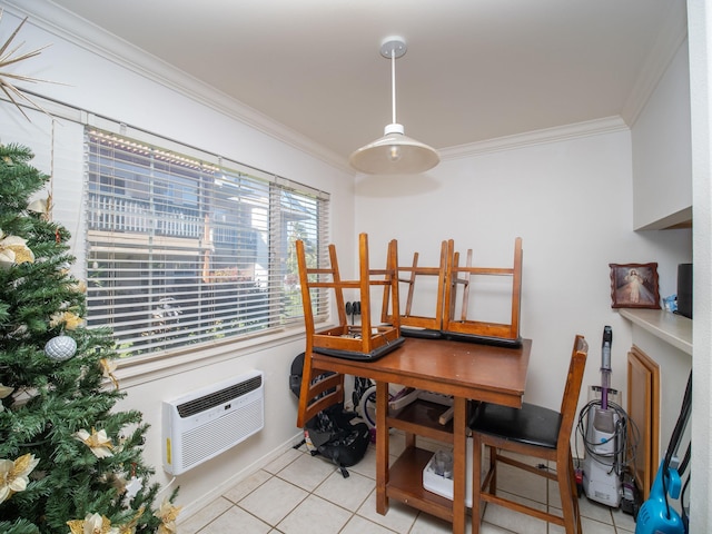 tiled dining area with an AC wall unit and ornamental molding