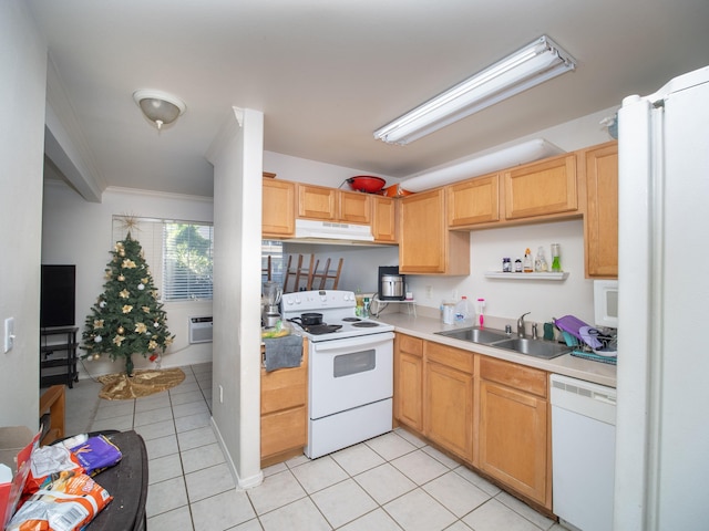 kitchen featuring white appliances, sink, light tile patterned flooring, crown molding, and a wall mounted air conditioner