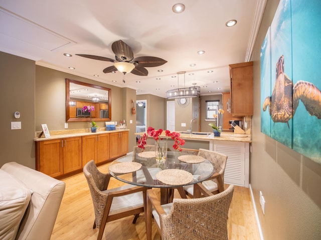 dining area with ceiling fan, light wood-type flooring, sink, and ornamental molding