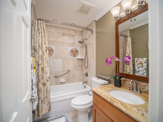 full bathroom with toilet, vanity, visible vents, shower / bath combo with shower curtain, and crown molding