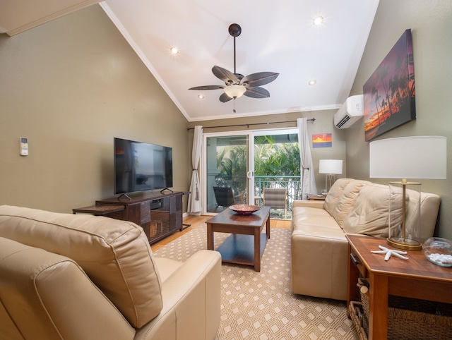 living room featuring ceiling fan, vaulted ceiling, crown molding, and a wall mounted air conditioner