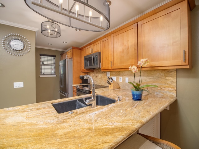 kitchen featuring backsplash, ornamental molding, light stone counters, sink, and stainless steel appliances