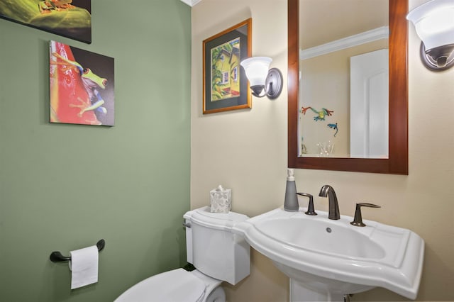 half bath featuring crown molding, a sink, and toilet