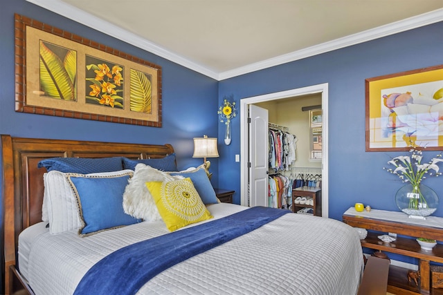 bedroom with crown molding, a closet, and a spacious closet