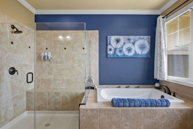 full bathroom featuring ornamental molding, a shower stall, and a bath