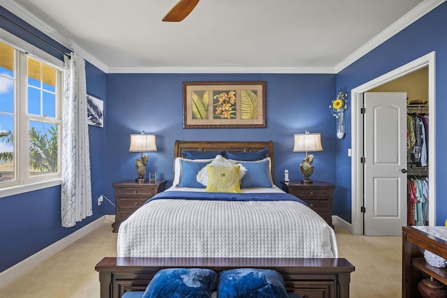 carpeted bedroom featuring baseboards, multiple windows, and ornamental molding