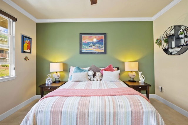 carpeted bedroom with baseboards, ornamental molding, and multiple windows
