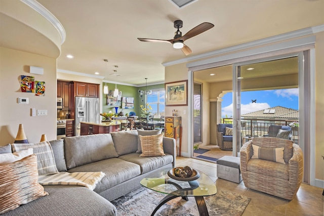 living room featuring crown molding, recessed lighting, ceiling fan, and light tile patterned floors